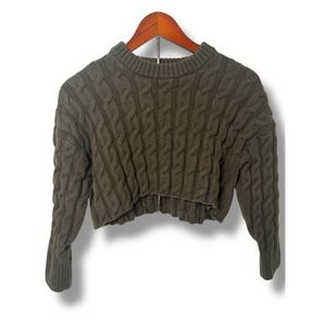 Babaton Sweater Women's Medium Cropped 100% Wool Chunky Cable Knit  Olive Green